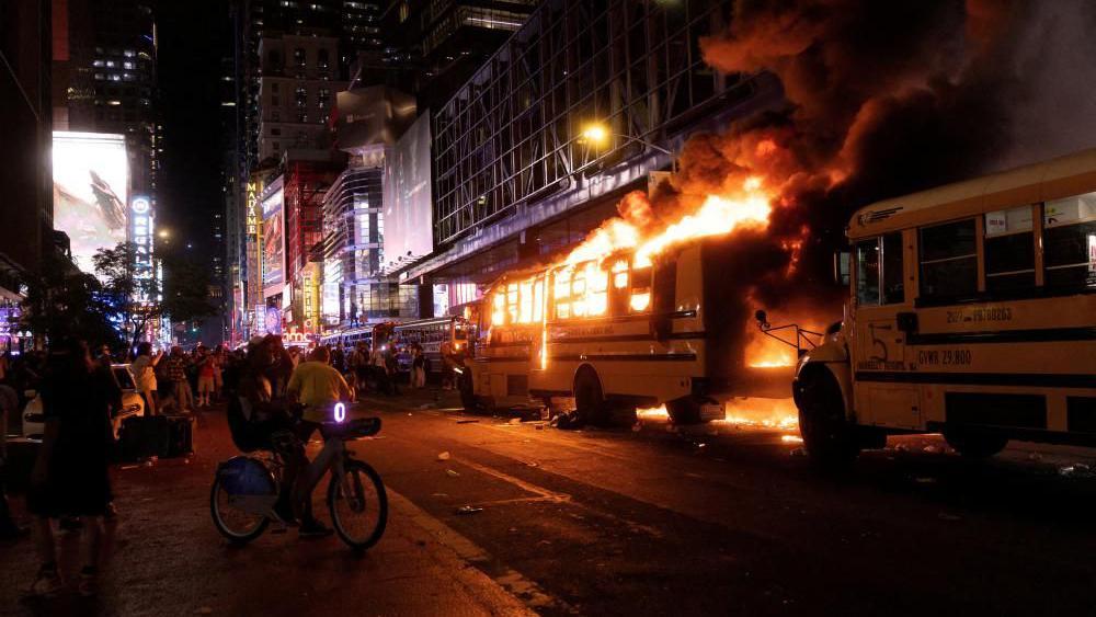 Teen shot and buses torched in Manhattan after historic NBA championship win for Knicks