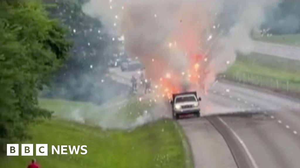 Truck carrying fireworks catches fire, sparking spectacular display