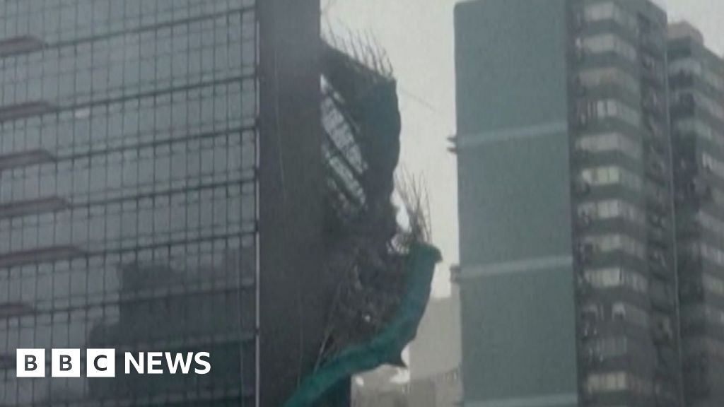 Watch: Scaffolding tumbles from Hong Kong building as Typhoon Noul makes landfall