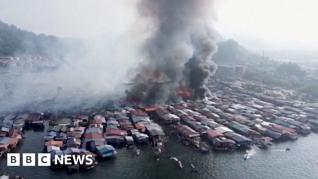 Drone footage shows huge Malaysian coastal village fire