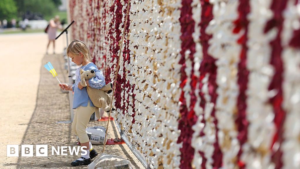 Watch: Demonstrators display 20,000 teddy bears for missing Ukrainian children